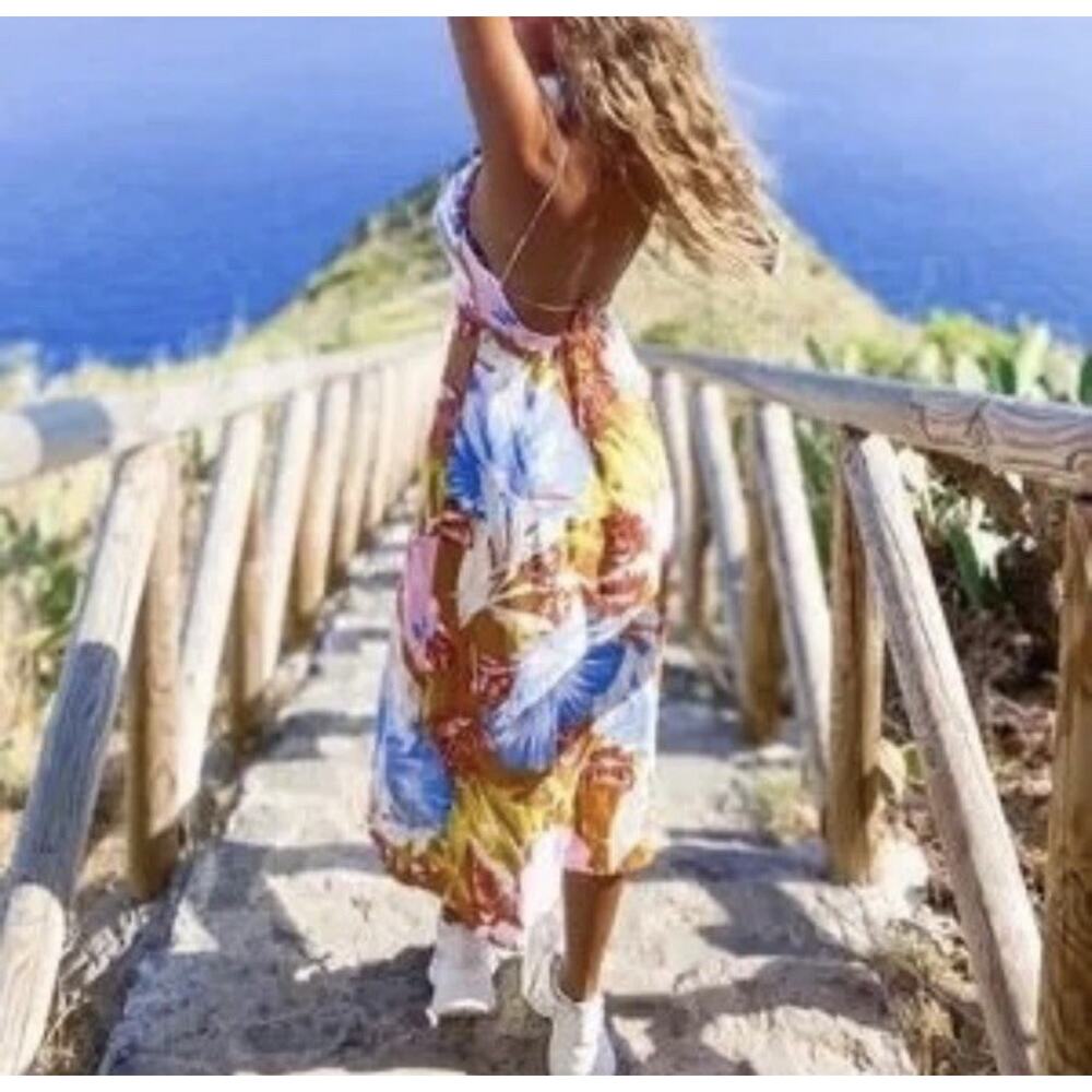 NWT Zara Tropical Floral Midi Dress Linen Blend Blogger Favorite Summer L - Picture 4 of 10